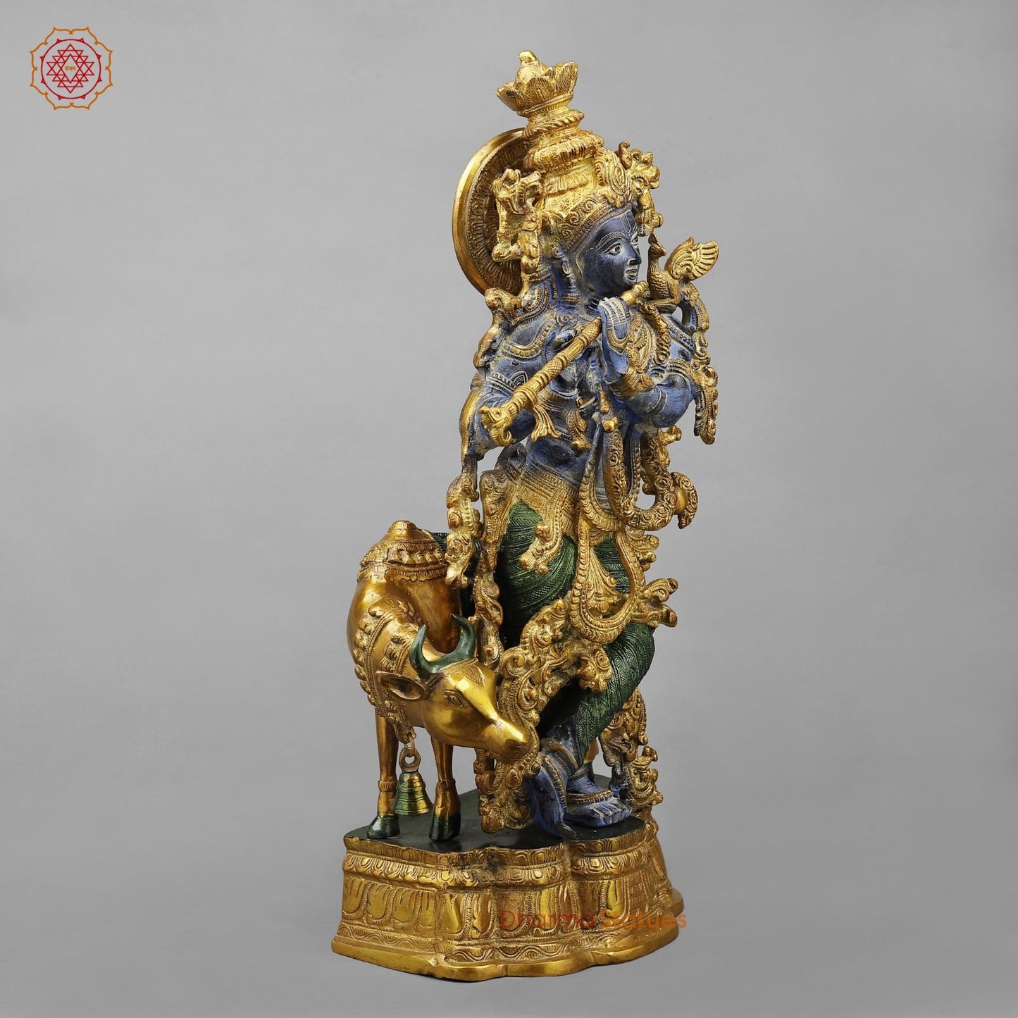 Brass Krishna With Cow Fine, Antique Turquoise finish 27”