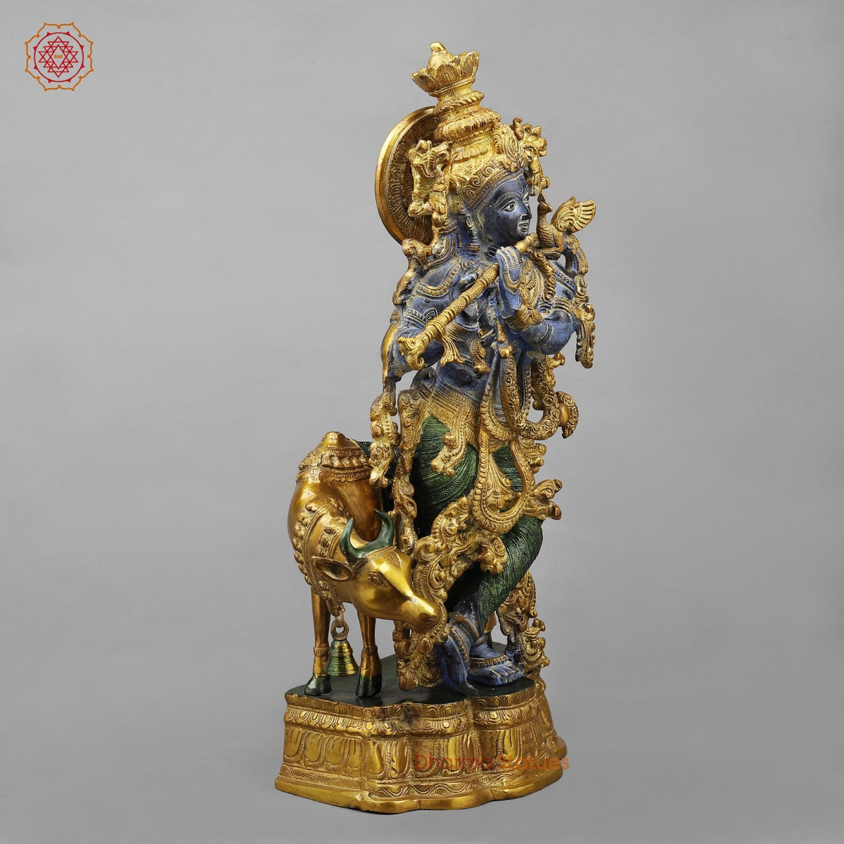Brass Krishna With Cow Fine, Antique Turquoise finish 27”