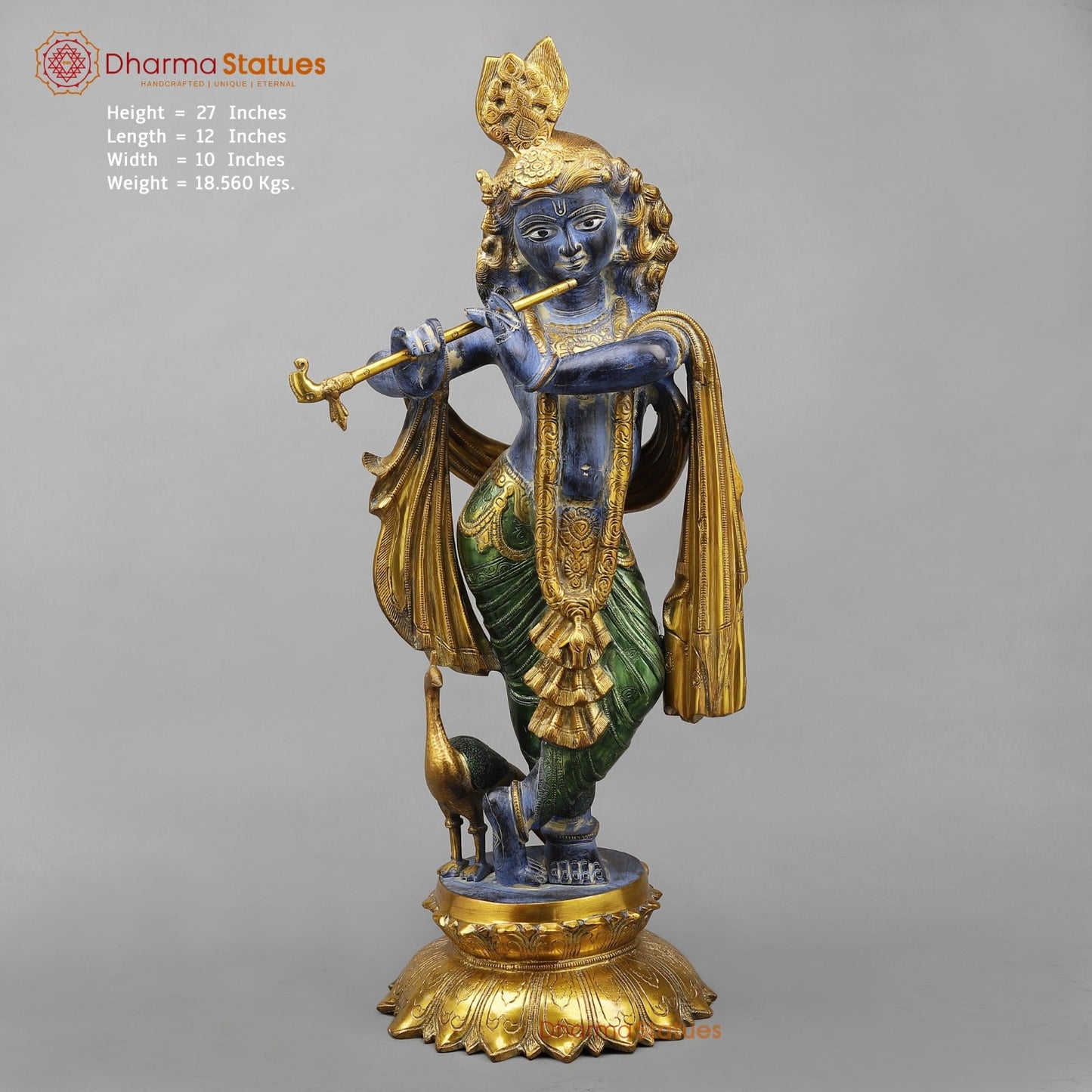 Brass Krishna With Peacock Fine, Antique Turquoise finish 27”