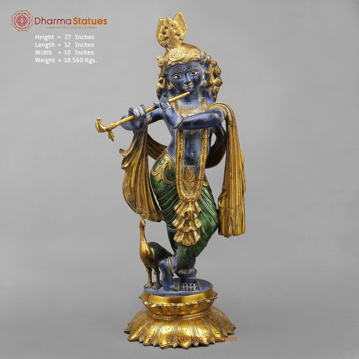 Brass Krishna With Peacock Fine, Antique Turquoise finish 27”