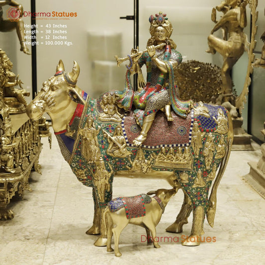 Brass Krishna Seated on Cow with Calf Universal, Fine stone work 43”