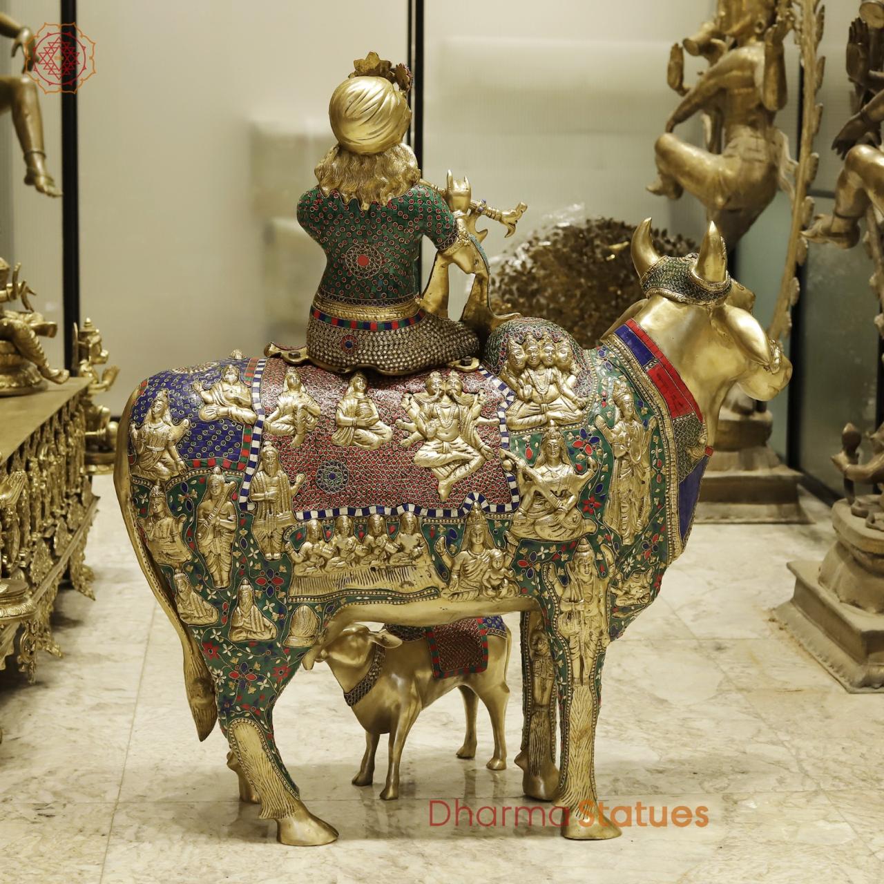 Brass Krishna Seated on Cow with Calf Universal, Fine stone work 43”