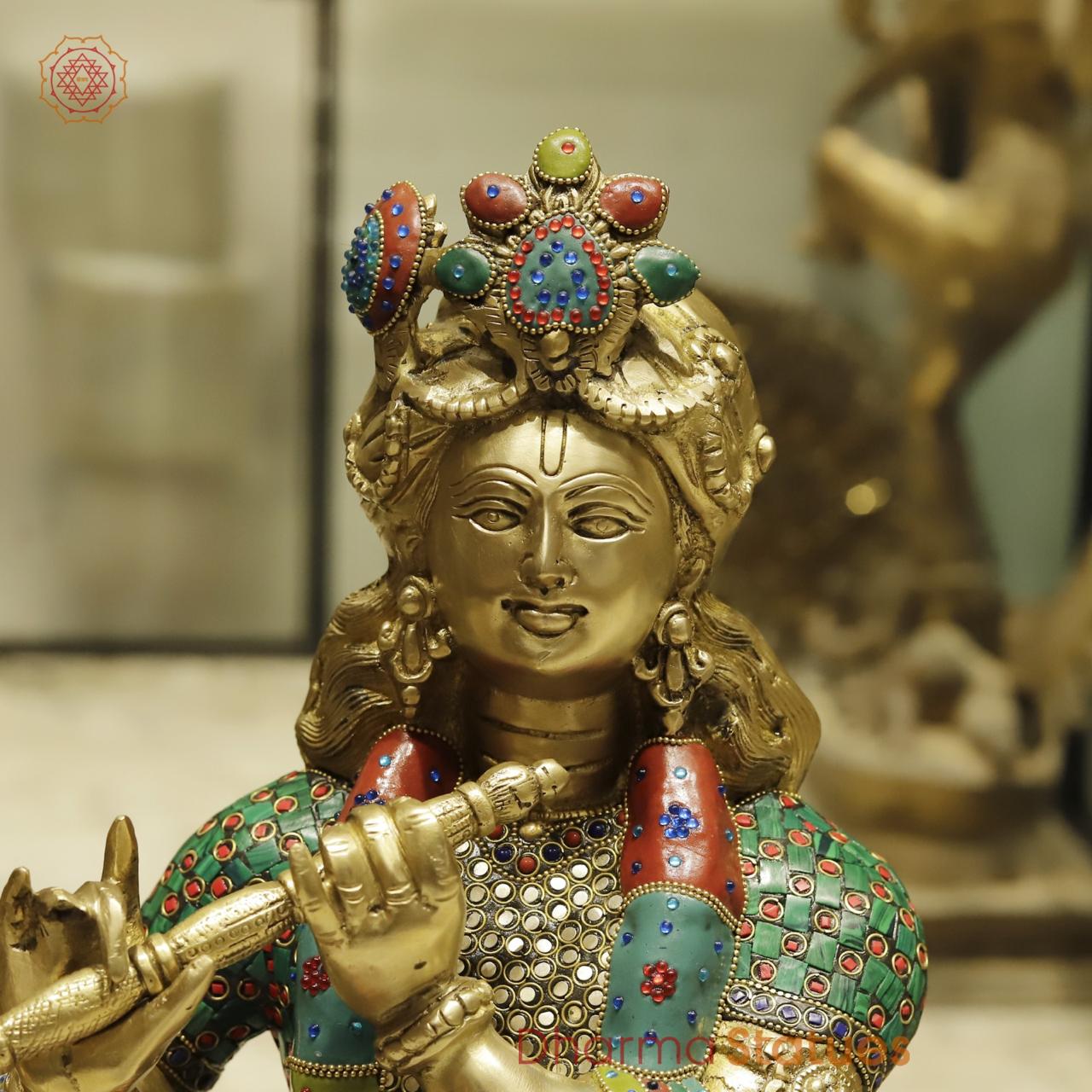 Brass Krishna Seated on Cow with Calf Universal, Fine stone work 43”
