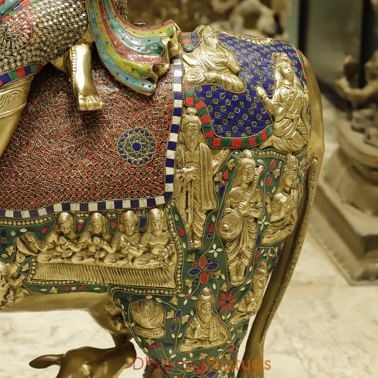 Brass Krishna Seated on Cow with Calf Universal, Fine stone work 43”