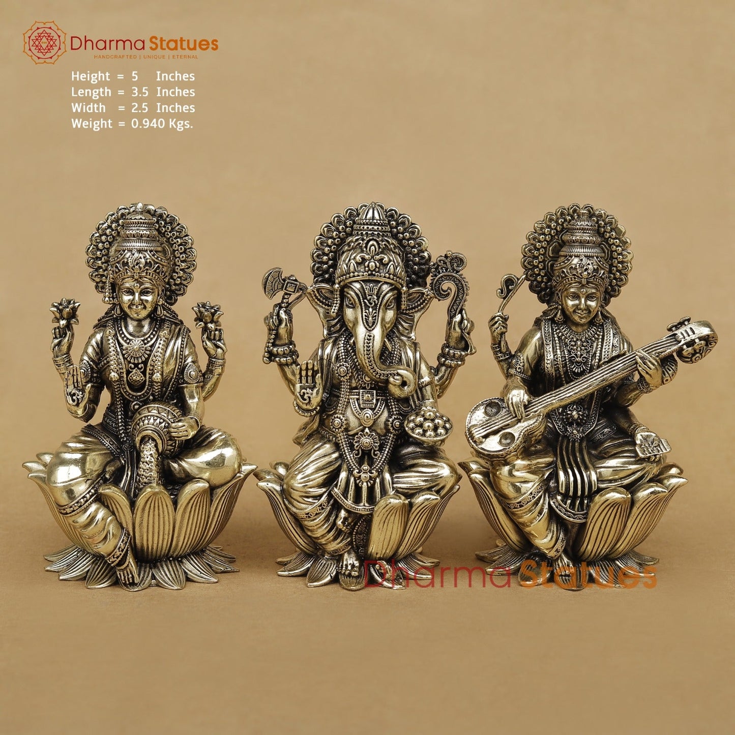 Brass Lakshmi Ganesh Saraswati seated fine 5”