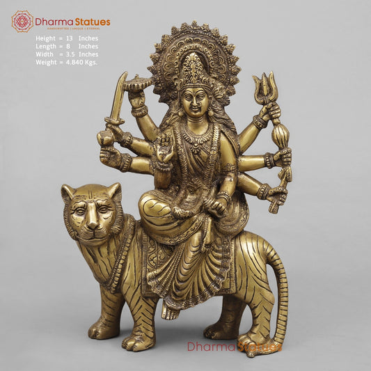 Brass Durga On Tiger, Antique Finish 13”