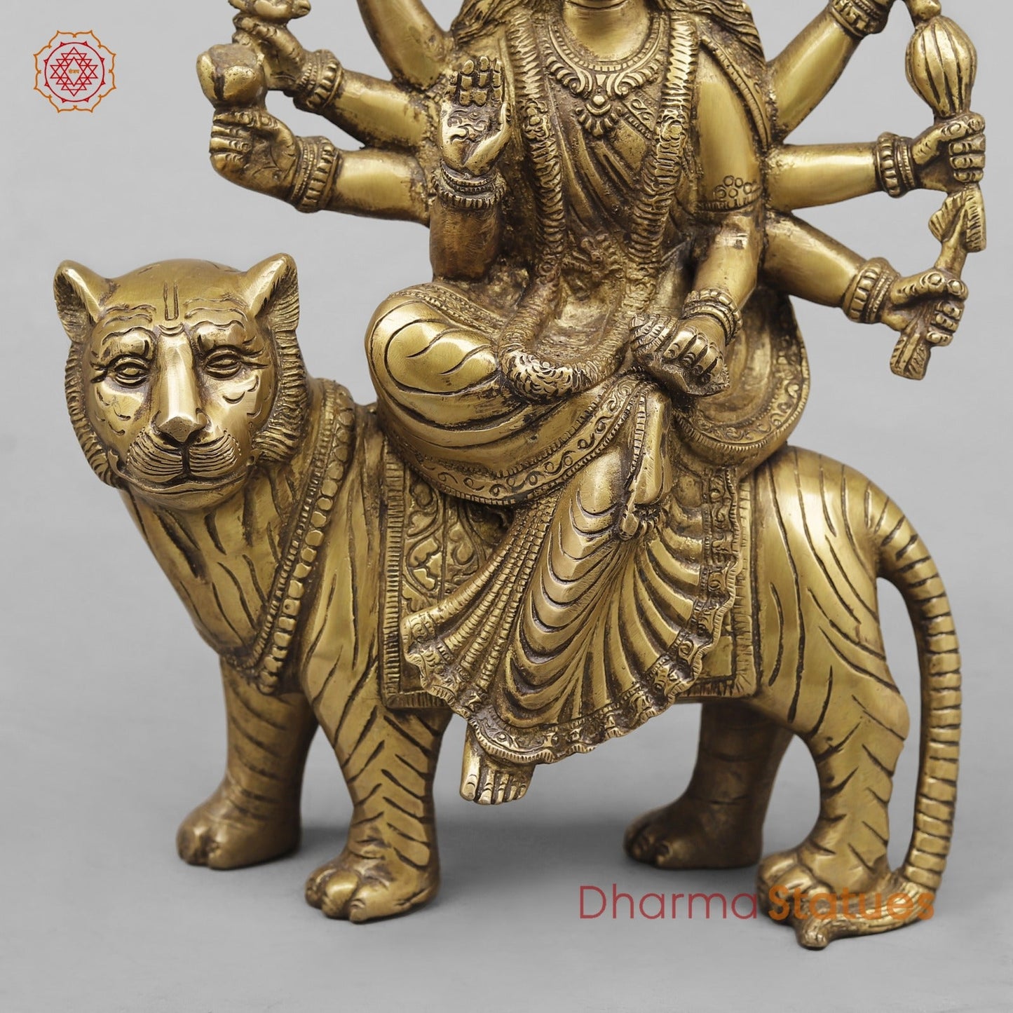 Brass Durga On Tiger, Antique Finish 13”