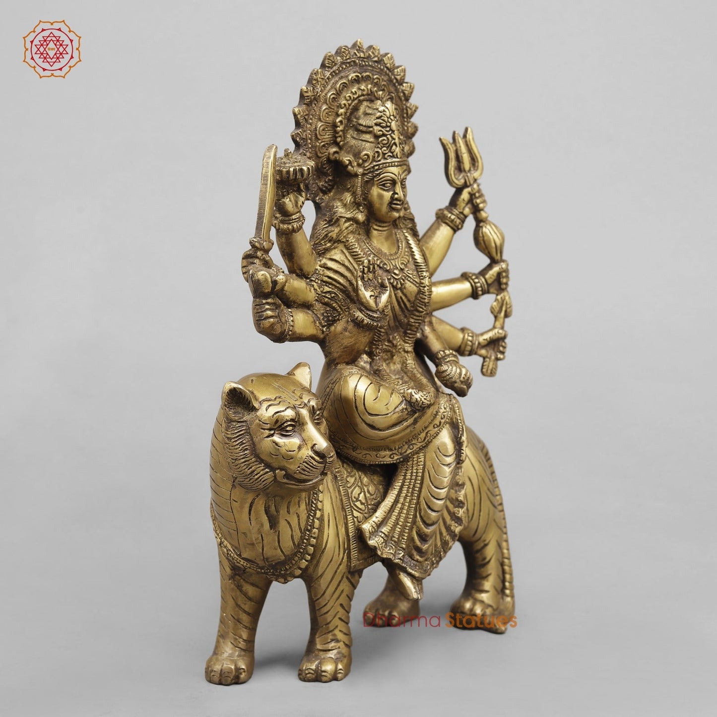 Brass Durga On Tiger, Antique Finish 13”