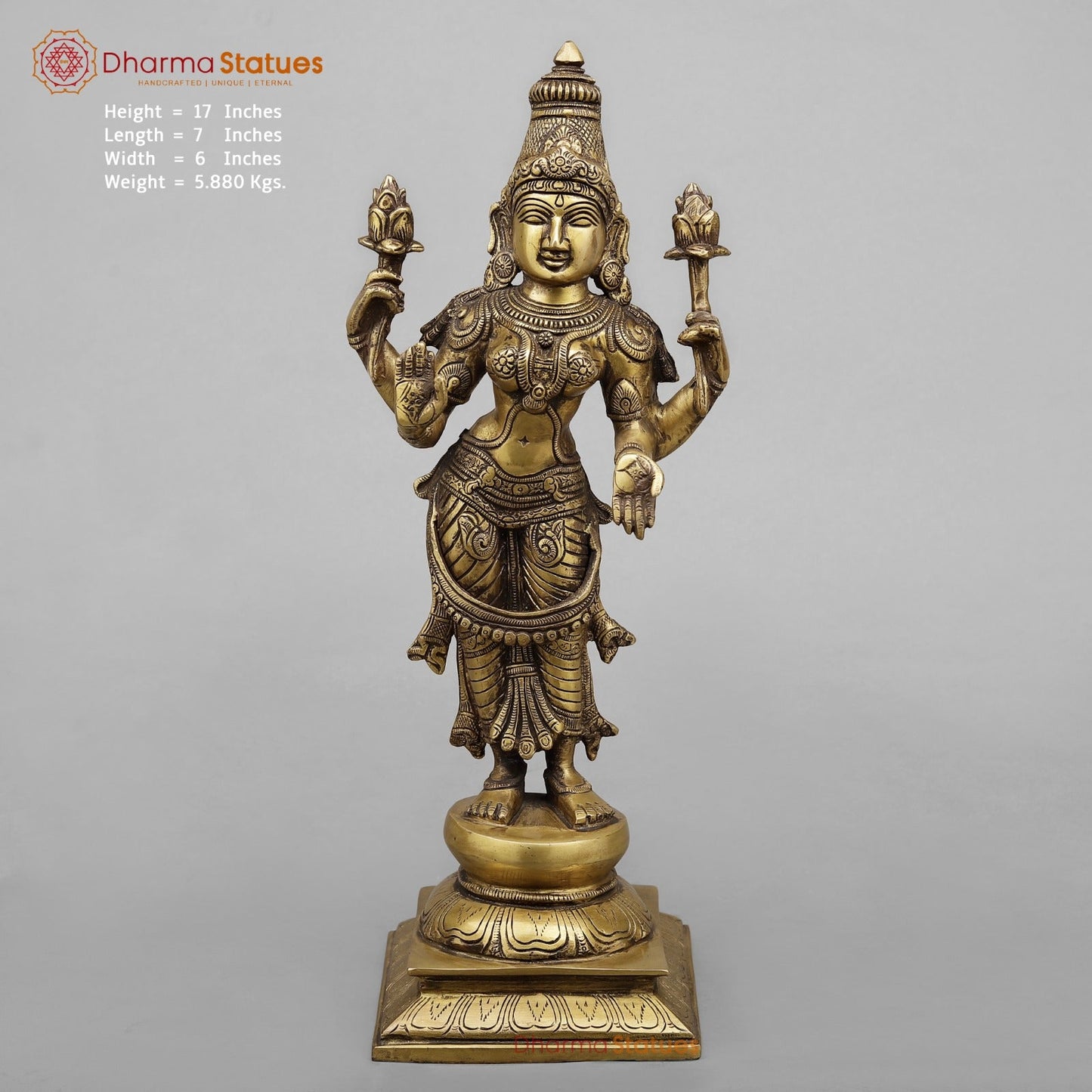 Brass Lakshmi Standing Fine, Antique Finish 17”