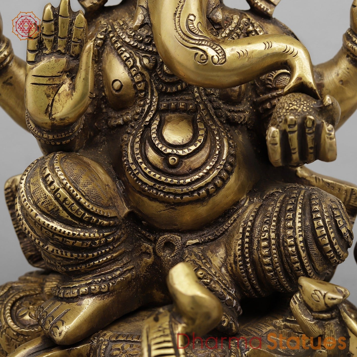 Brass Ganesh Seated on Elephants Fine, Antique Finish 13”