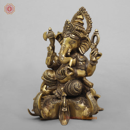 Brass Ganesh Seated on Elephants Fine, Antique Finish 13”
