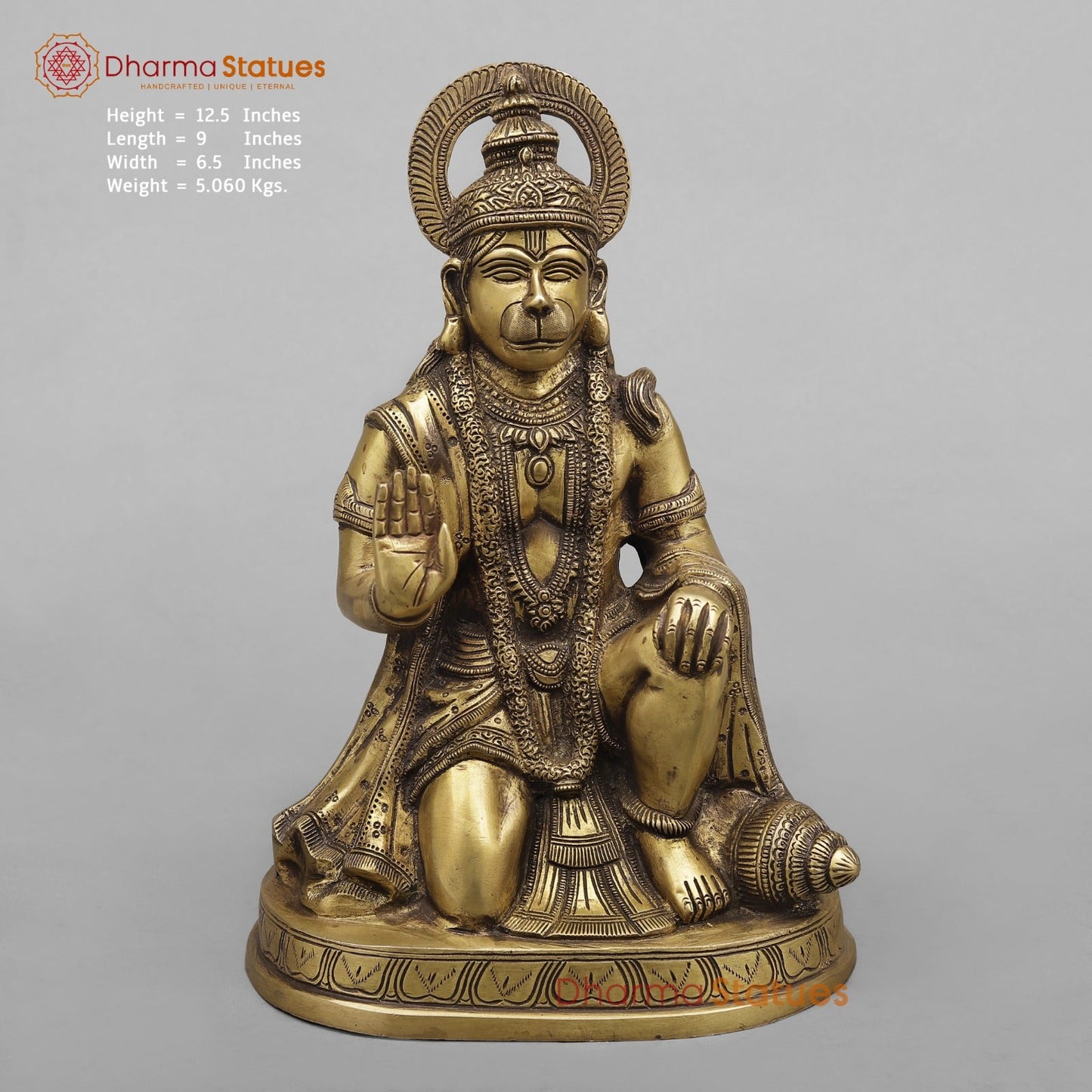 Brass Hanuman Ji seated In blessing posture, Antique Finish 12.5”