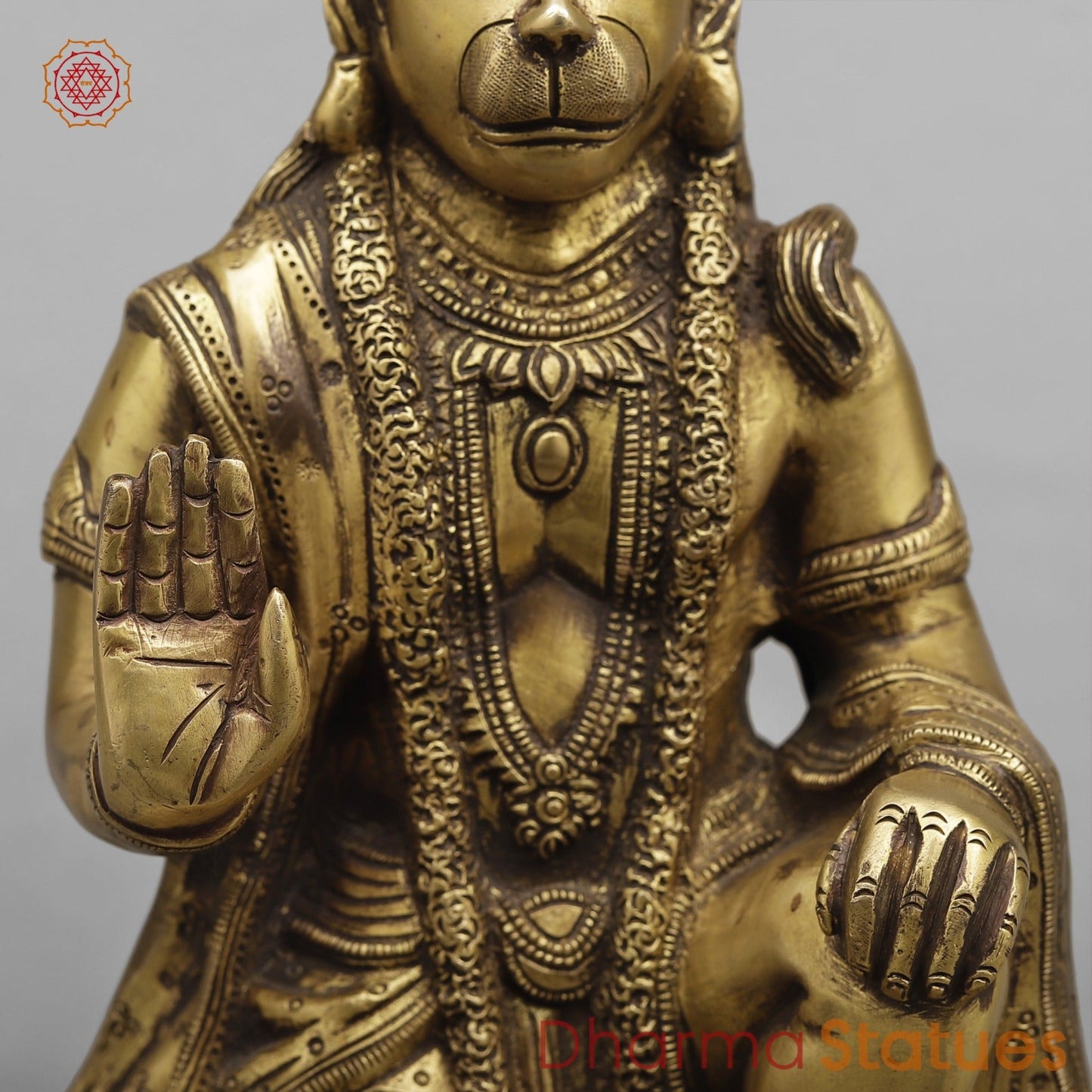 Brass Hanuman Ji seated In blessing posture, Antique Finish 12.5”