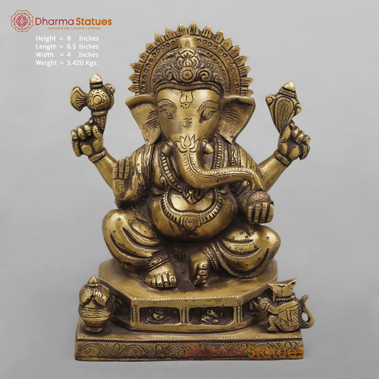 Brass Ashtvinayak Ganesh seated fine, Antique Finish 8”