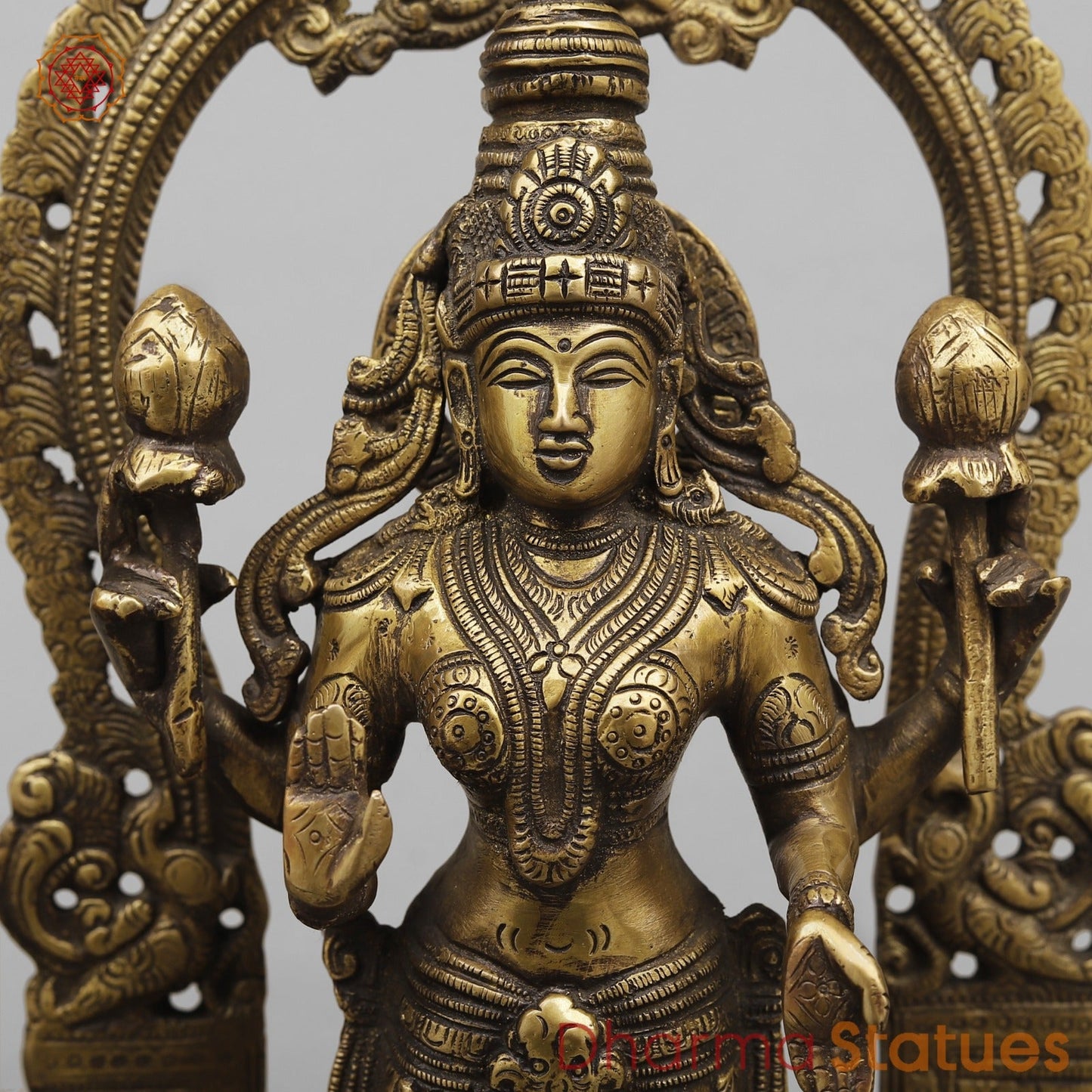Brass Vishnu And Lakshmi Standing In arch Fine, Antique Finish 16”