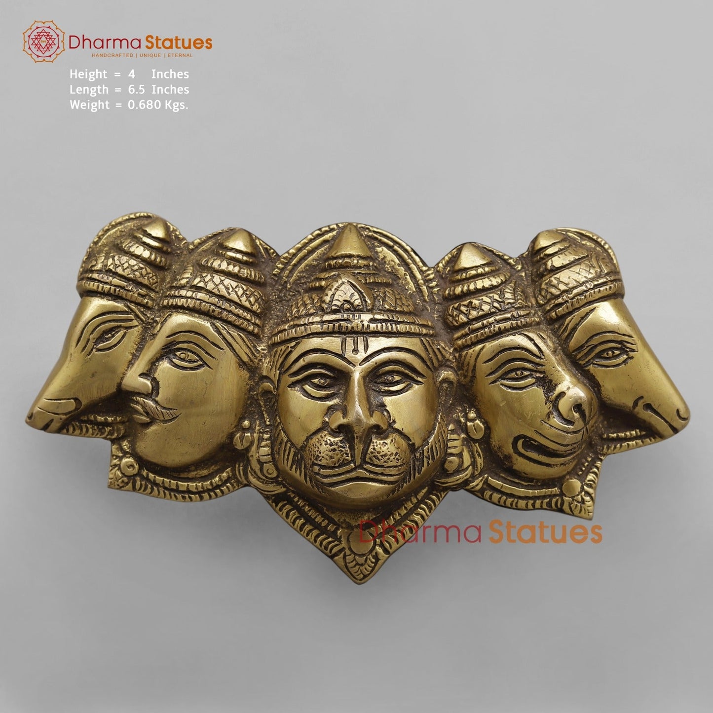 Brass Panchmukhi Hanuman Face Hanging, Antique Finish 6.5”
