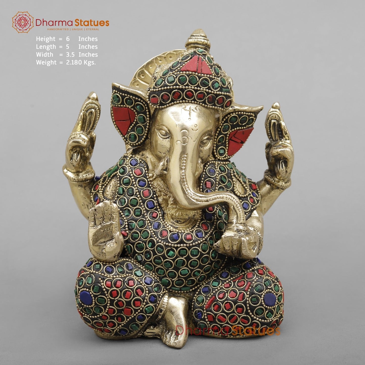 Brass Crown Ganesh Fine, Stone Work 6”
