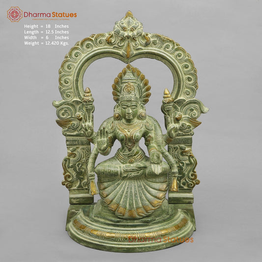 Brass Lakshmi (Padmavati) Seated With Arch, Green Patina Finish 18”