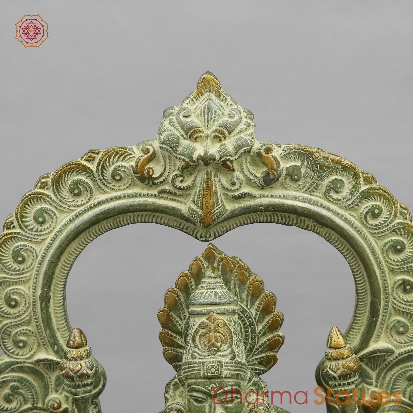 Brass Lakshmi (Padmavati) Seated With Arch, Green Patina Finish 18”
