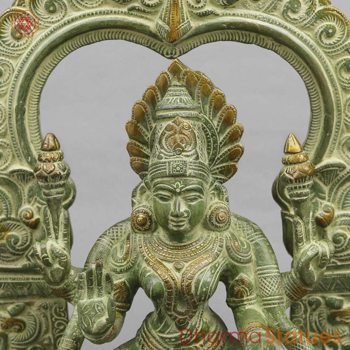 Brass Lakshmi (Padmavati) Seated With Arch, Green Patina Finish 18”