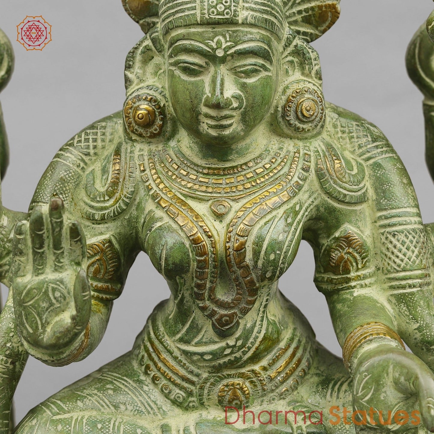 Brass Lakshmi (Padmavati) Seated With Arch, Green Patina Finish 18”