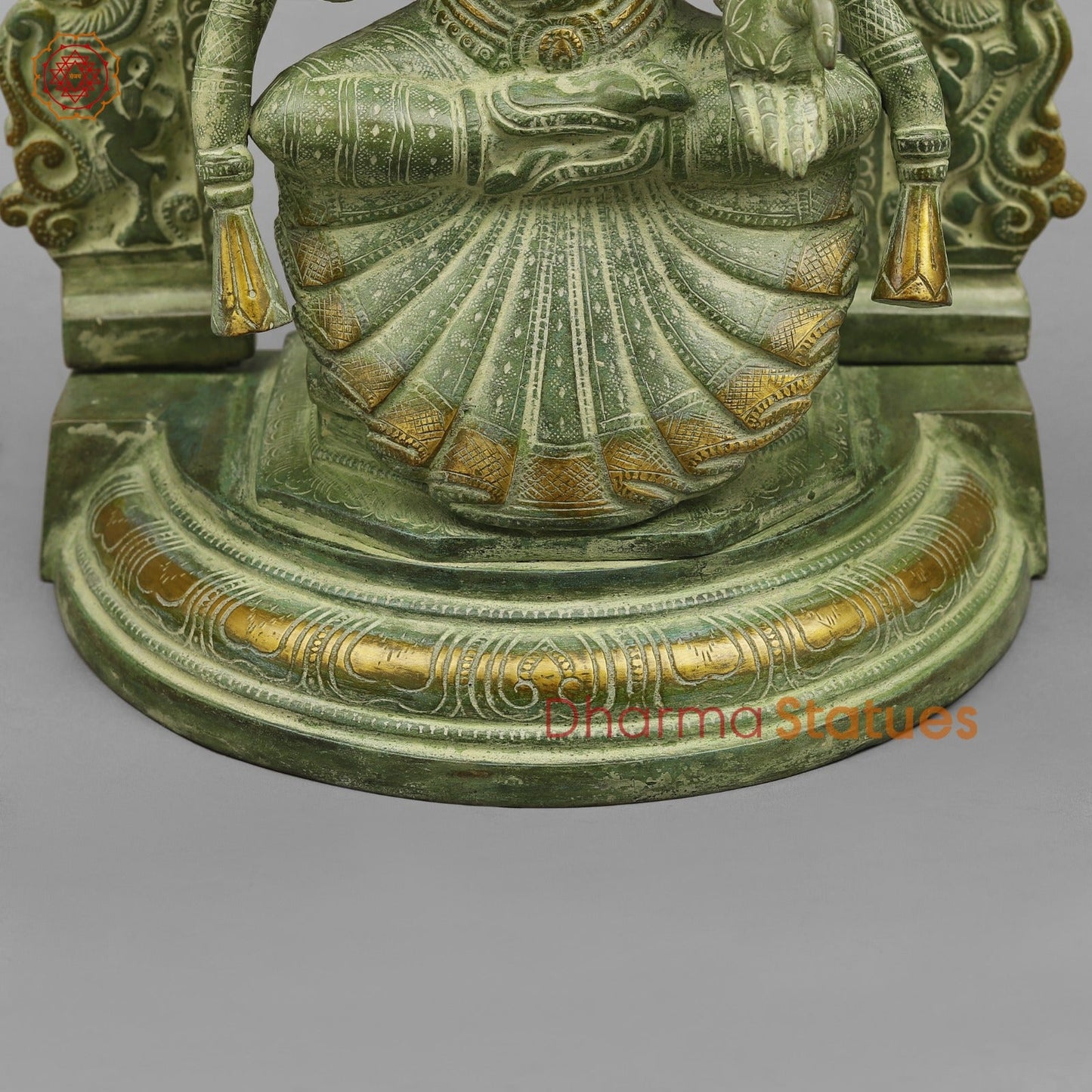 Brass Lakshmi (Padmavati) Seated With Arch, Green Patina Finish 18”