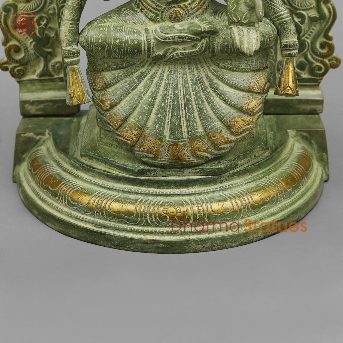 Brass Lakshmi (Padmavati) Seated With Arch, Green Patina Finish 18”