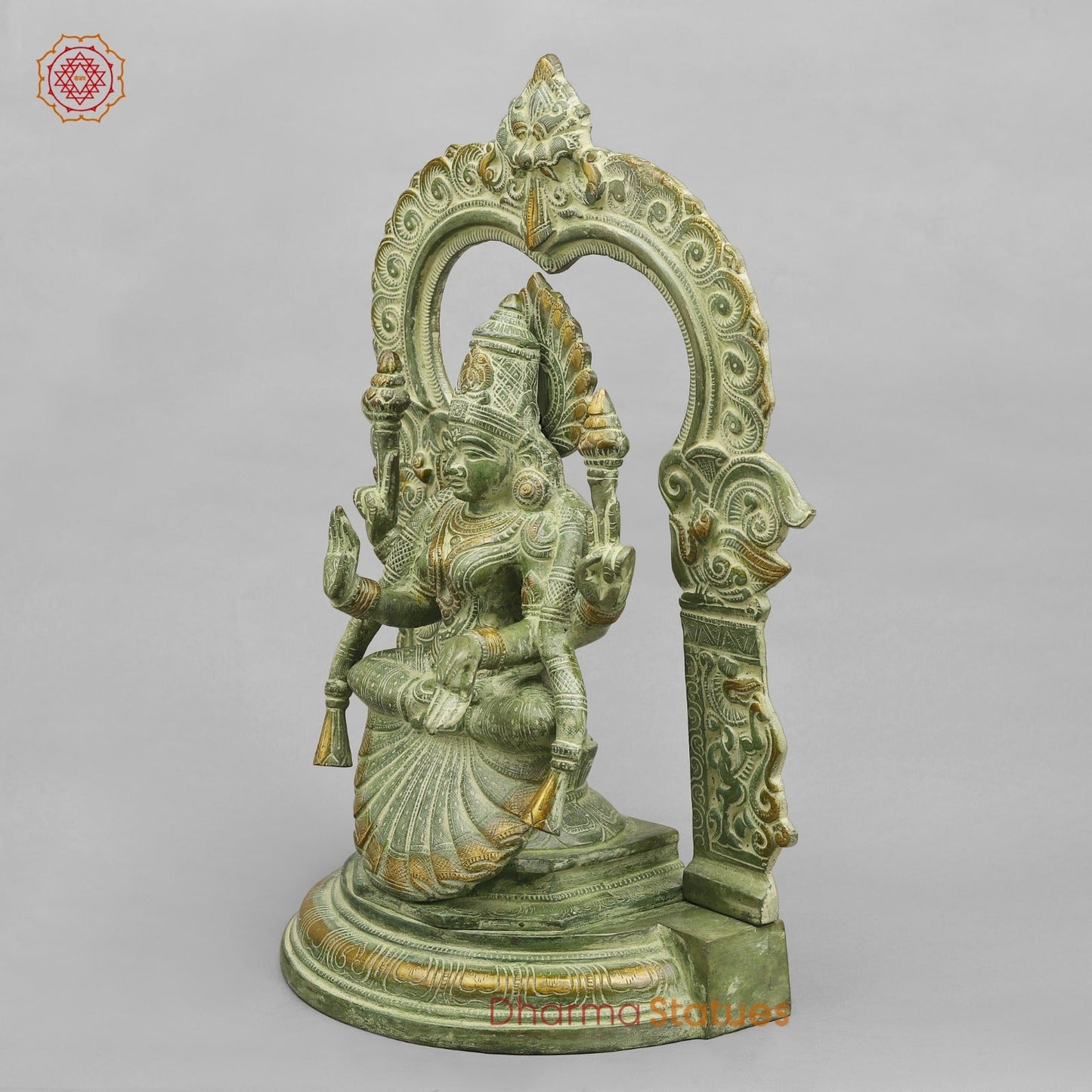Brass Lakshmi (Padmavati) Seated With Arch, Green Patina Finish 18”