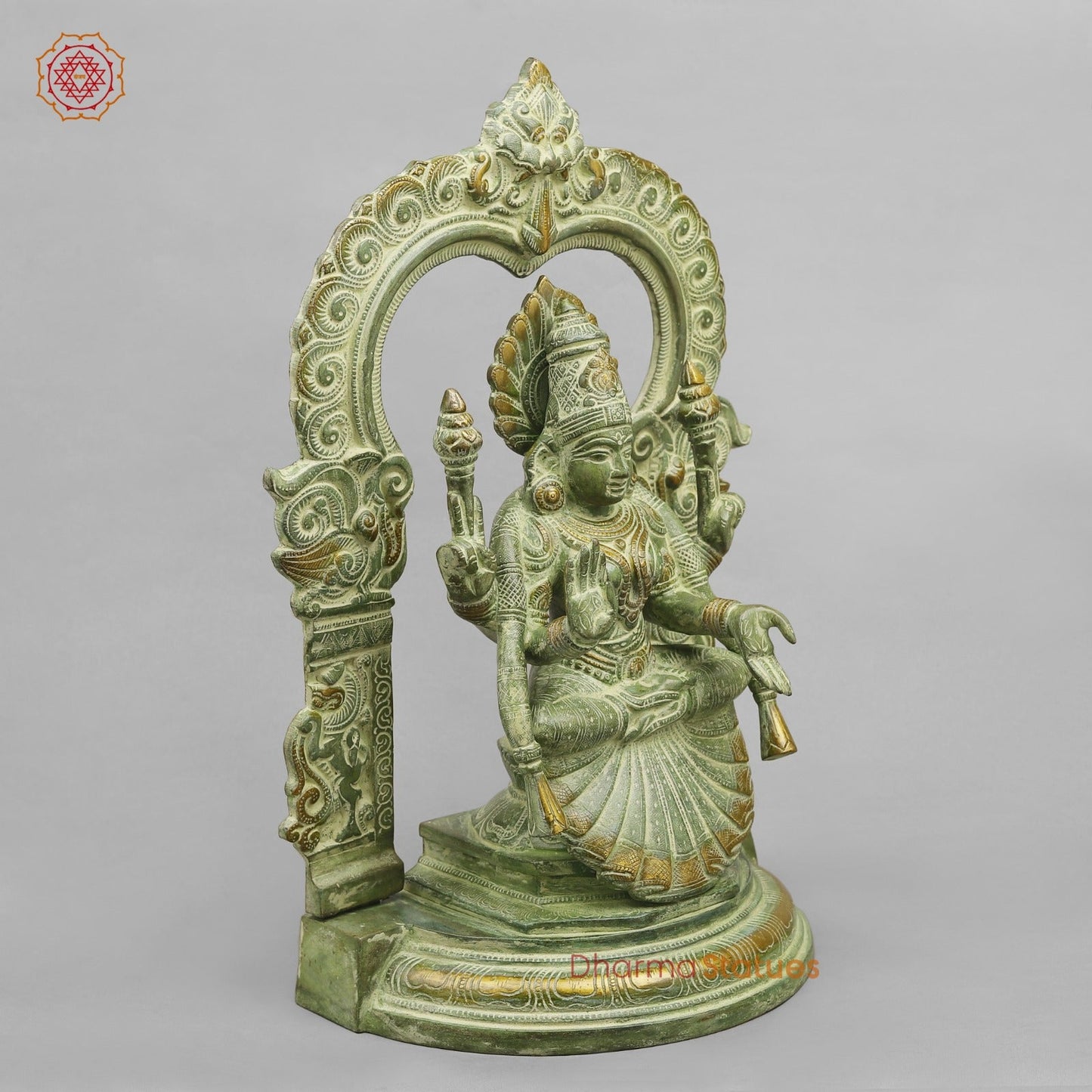 Brass Lakshmi (Padmavati) Seated With Arch, Green Patina Finish 18”