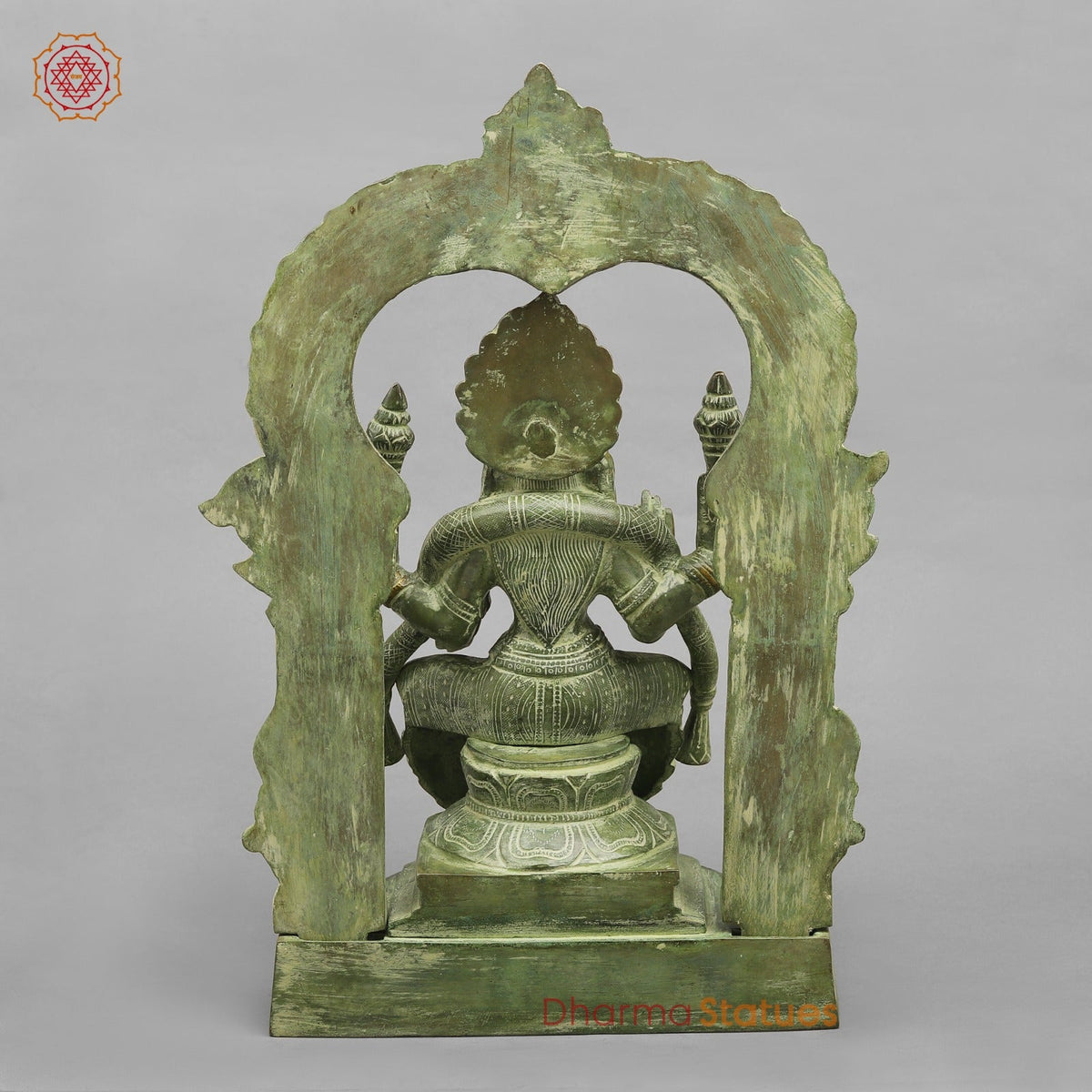 Brass Lakshmi (Padmavati) Seated With Arch, Green Patina Finish 18”