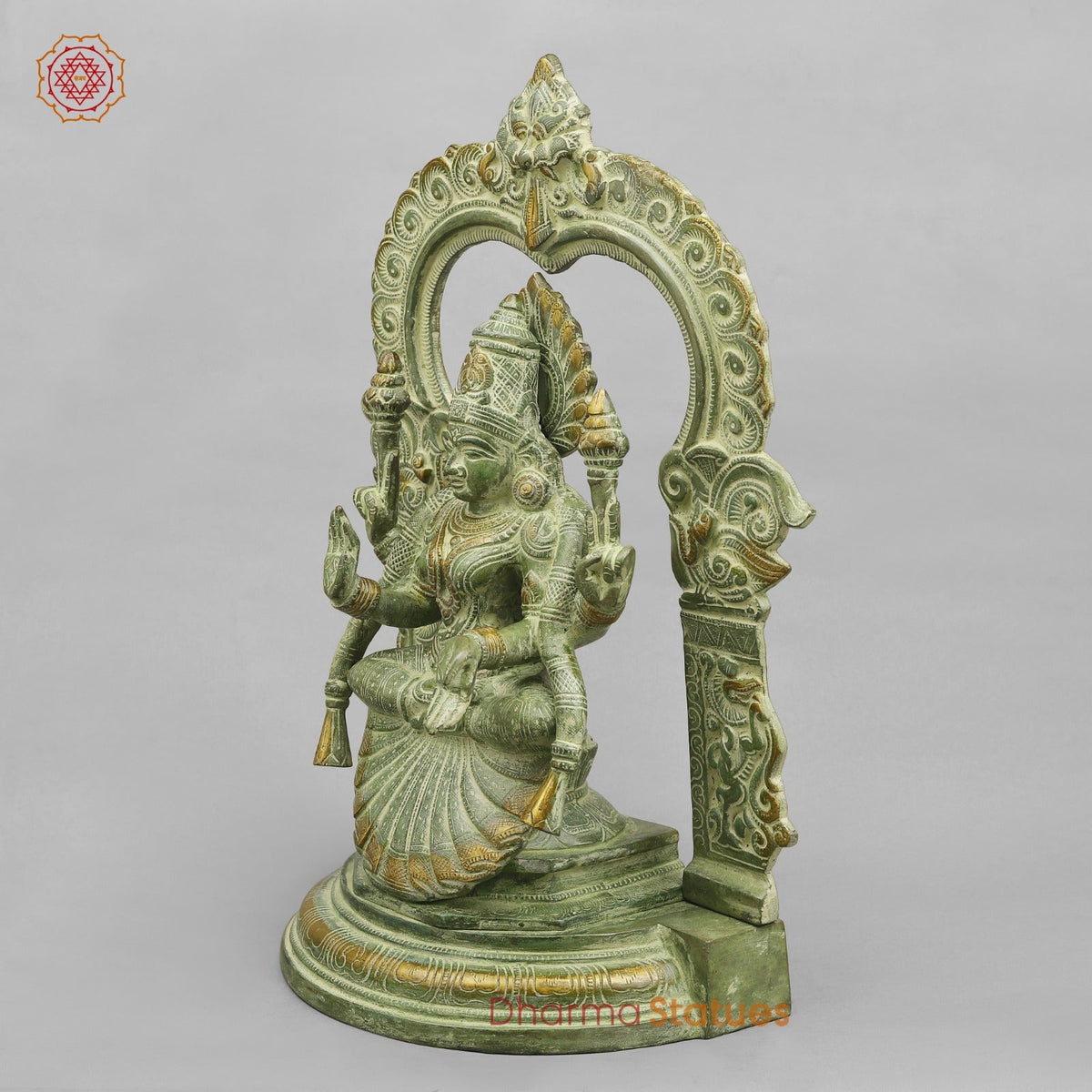 Brass Lakshmi (Padmavati) Seated With Arch, Green Patina Finish 18”