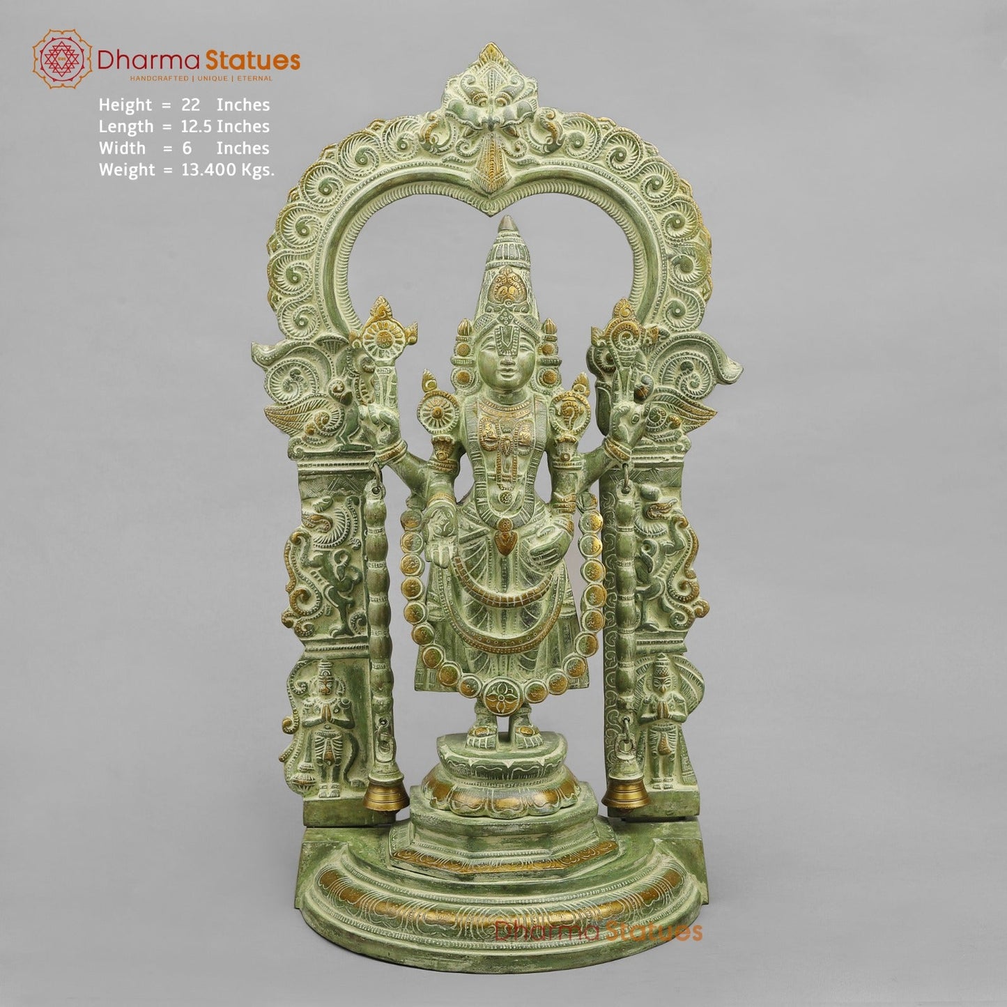Brass Tirupati Balaji With Arch, Green Patina Finish 22”