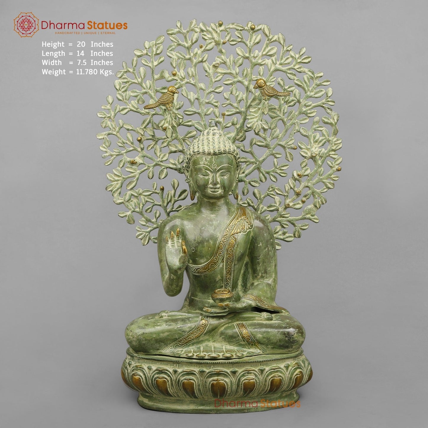 Brass Tree Buddha Fine, Green Patina Finish 20”