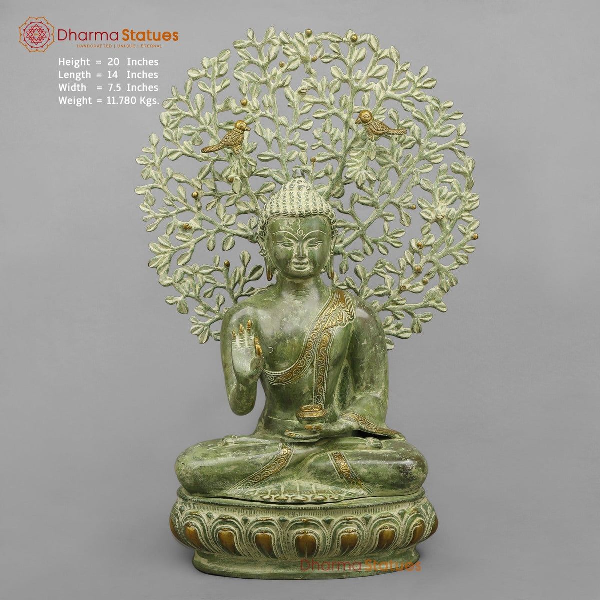 Brass Tree Buddha Fine, Green Patina Finish 20”
