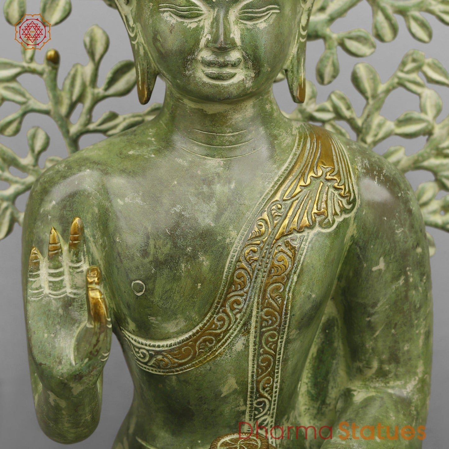 Brass Tree Buddha Fine, Green Patina Finish 20”