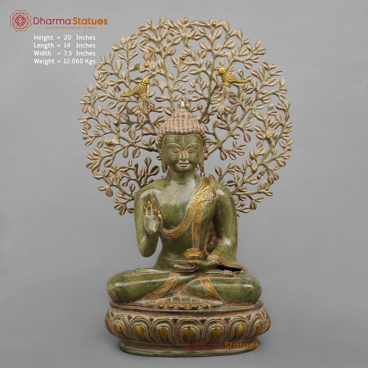Brass Tree Buddha Fine, Natural Green Patina Finish 20”