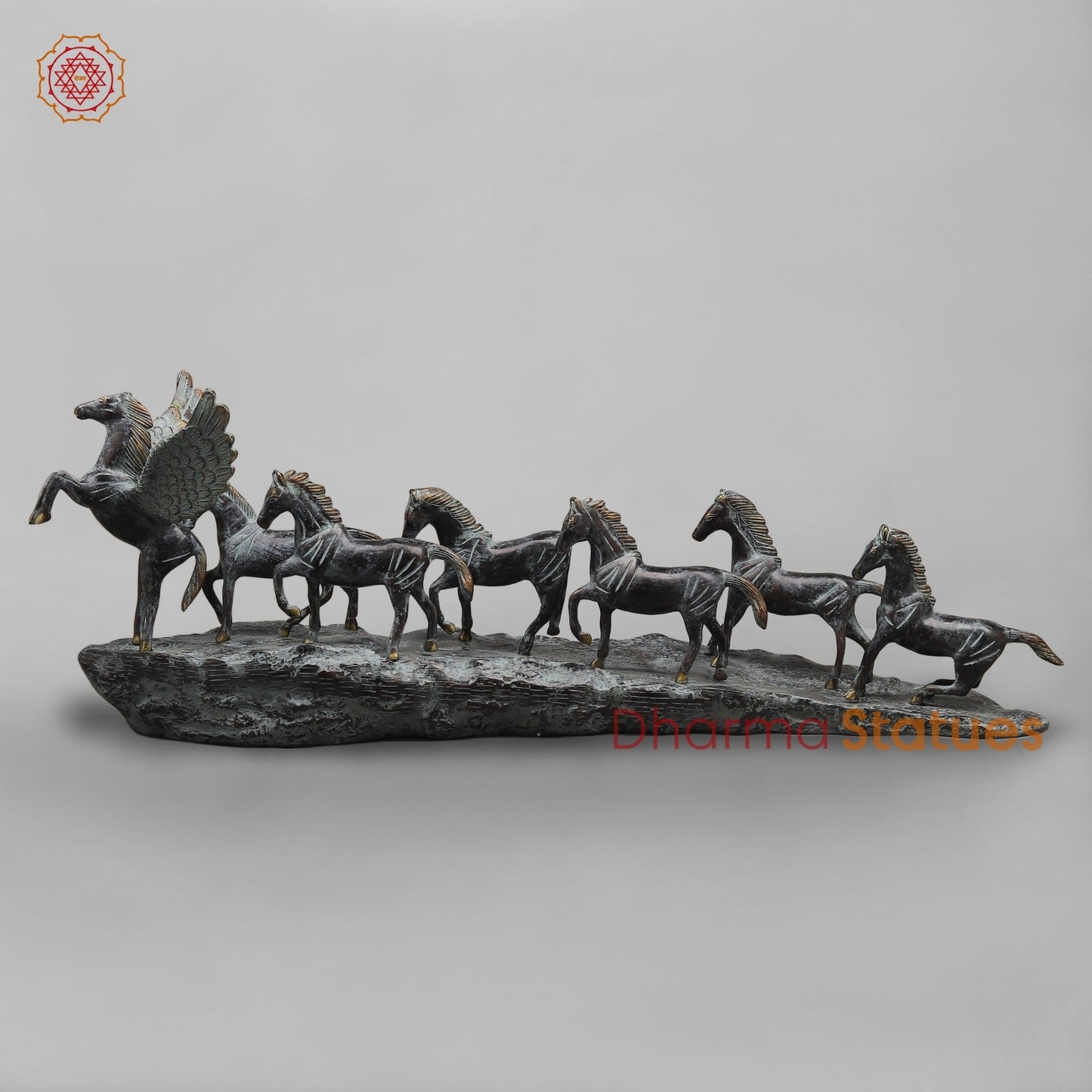 Brass Lucky 7 Horses Fine , Antique Turquoise Finish 34” (Vastu Approved)