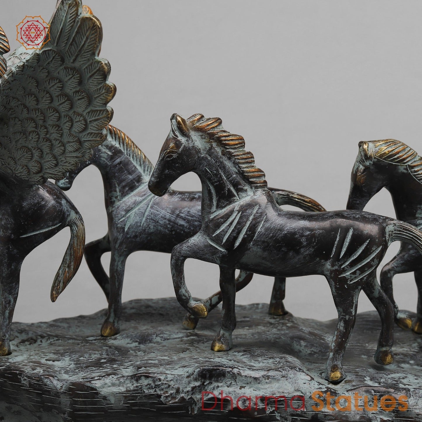 Brass Lucky 7 Horses Fine , Antique Turquoise Finish 34” (Vastu Approved)