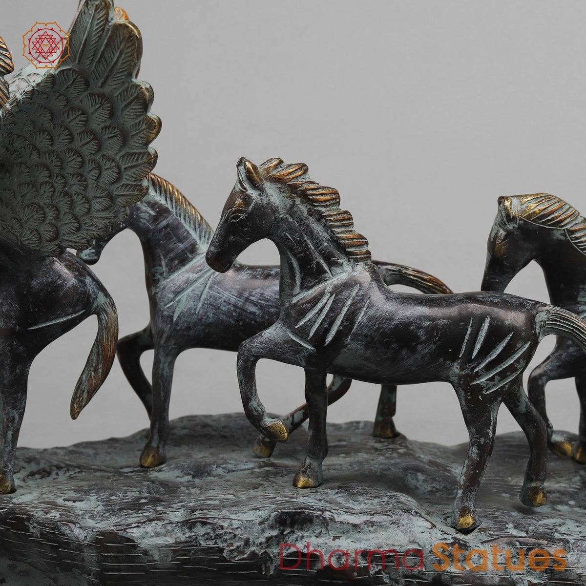 Brass Lucky 7 Horses Fine , Antique Turquoise Finish 34” (Vastu Approved)