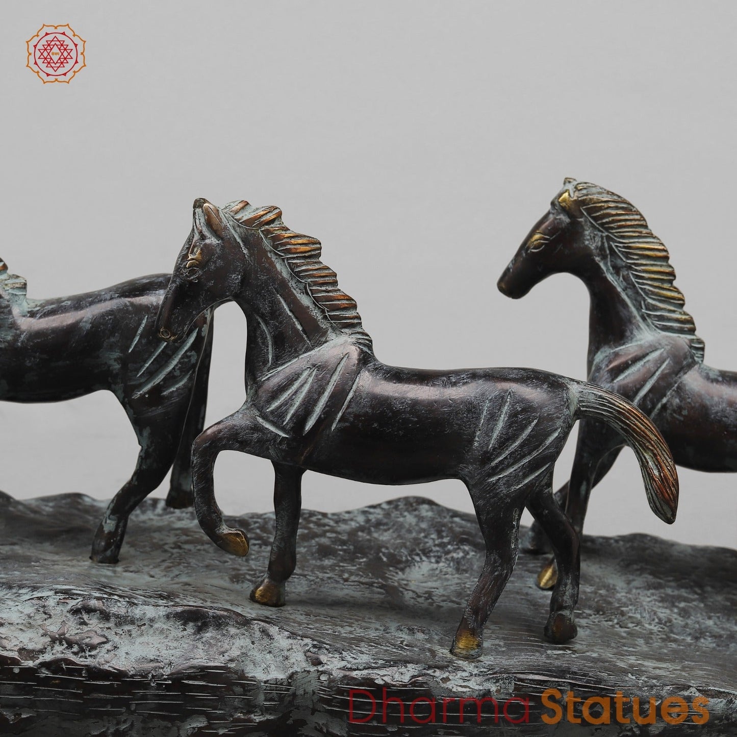 Brass Lucky 7 Horses Fine , Antique Turquoise Finish 34” (Vastu Approved)