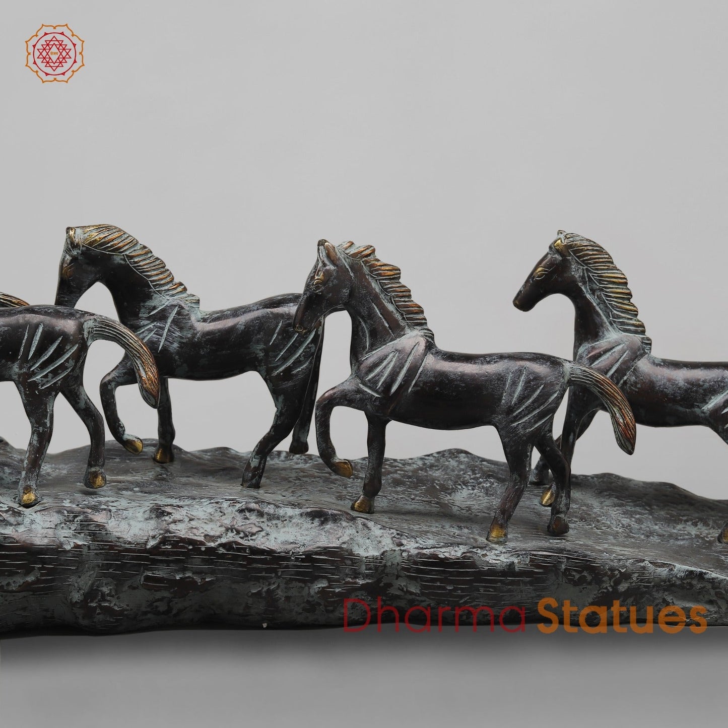 Brass Lucky 7 Horses Fine , Antique Turquoise Finish 34” (Vastu Approved)