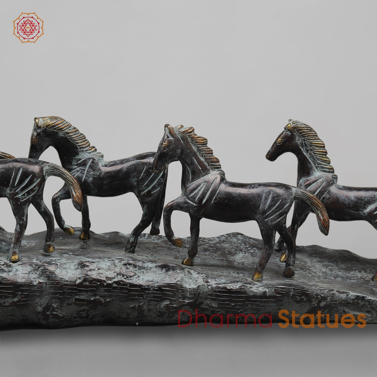 Brass Lucky 7 Horses Fine , Antique Turquoise Finish 34” (Vastu Approved)