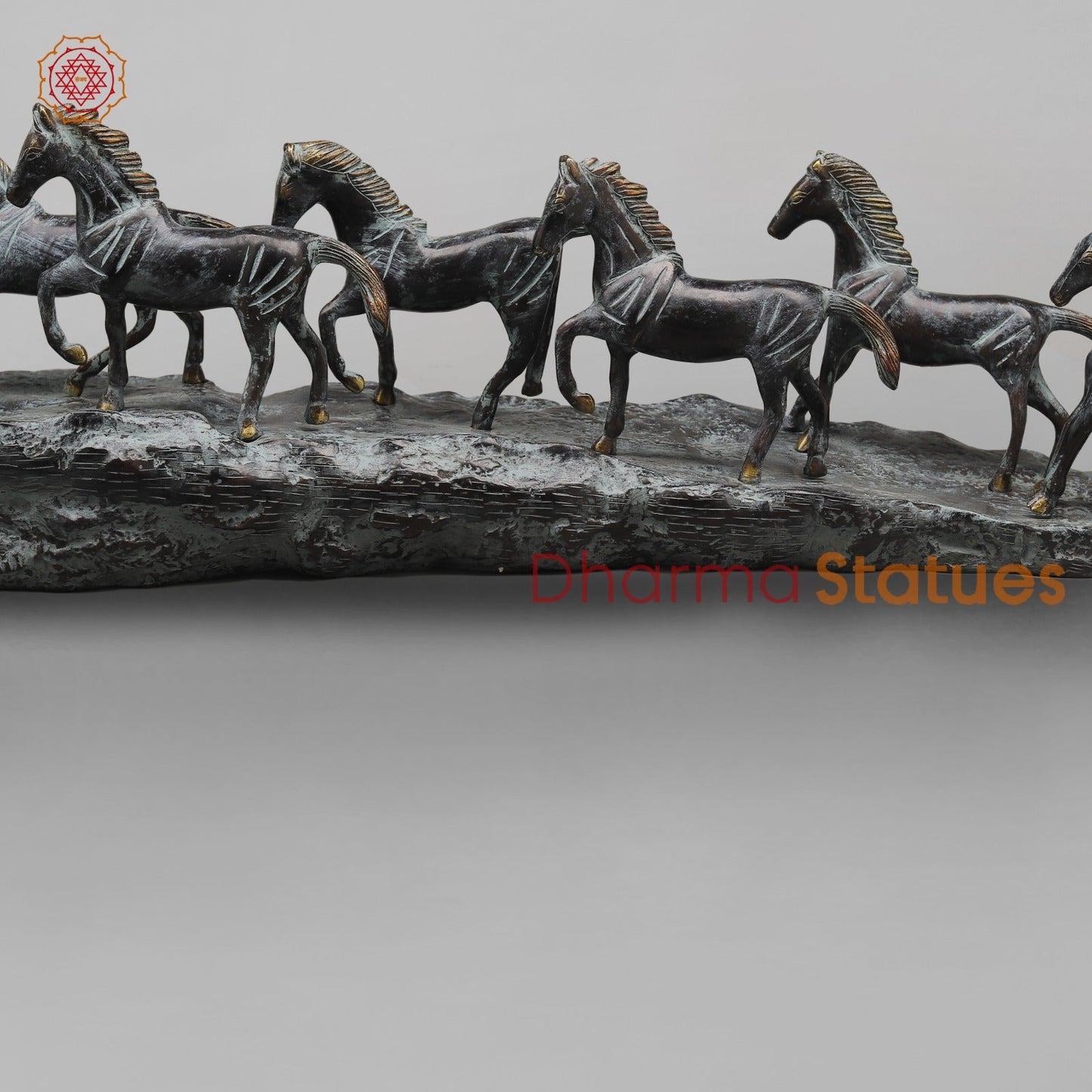 Brass Lucky 7 Horses Fine , Antique Turquoise Finish 34” (Vastu Approved)