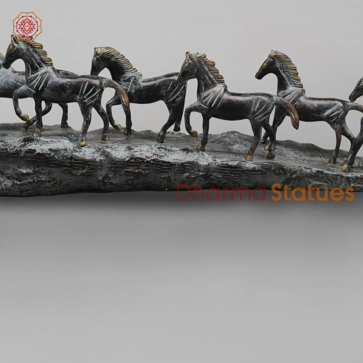 Brass Lucky 7 Horses Fine , Antique Turquoise Finish 34” (Vastu Approved)