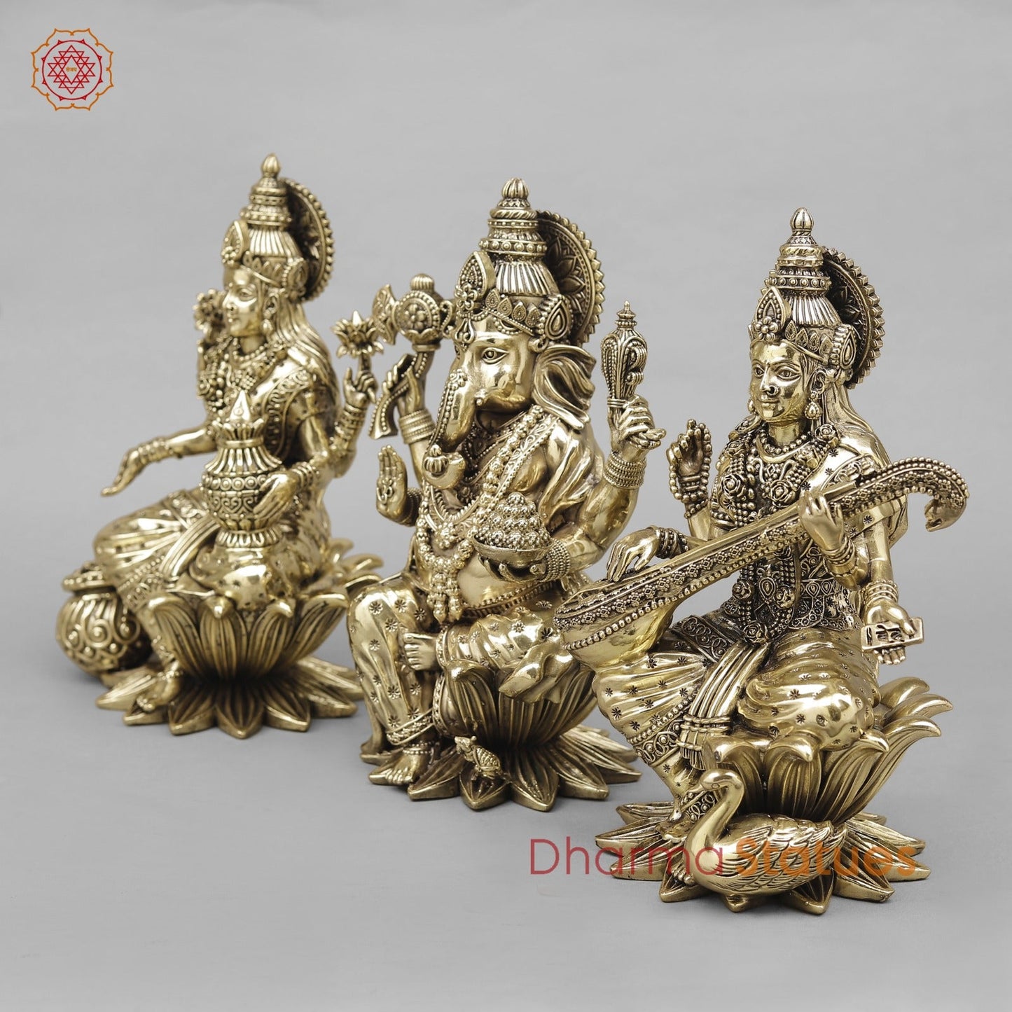 Brass Lakshmi Ganesh Saraswati Seated Fine 10”