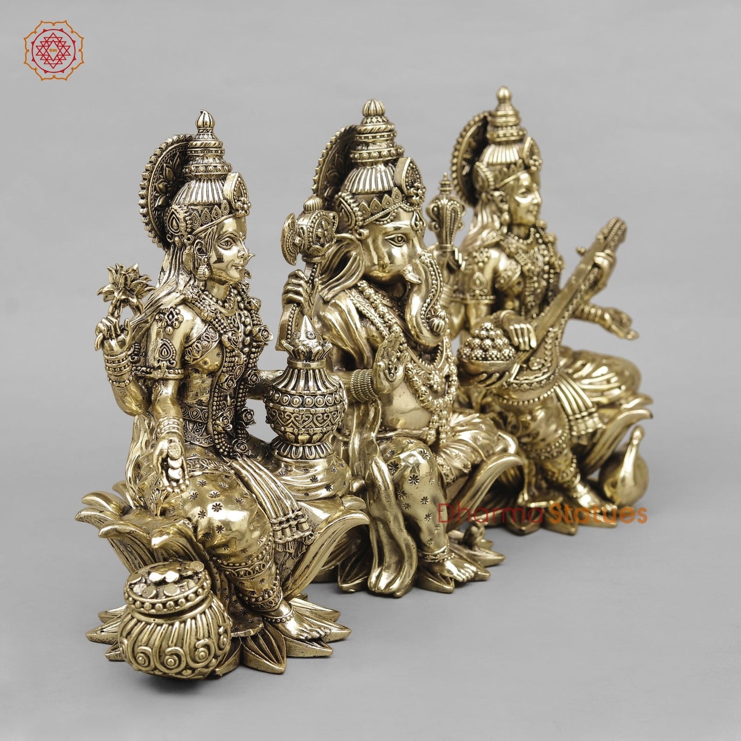 Brass Lakshmi Ganesh Saraswati Seated Fine 10”