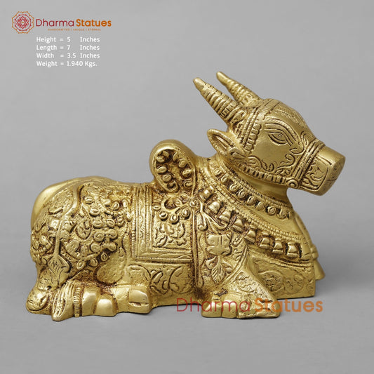 Brass Nandi Seated Fine Carving , Special Gold Finish 7”