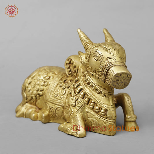 Brass Nandi Seated Fine Carving , Special Gold Finish 7”