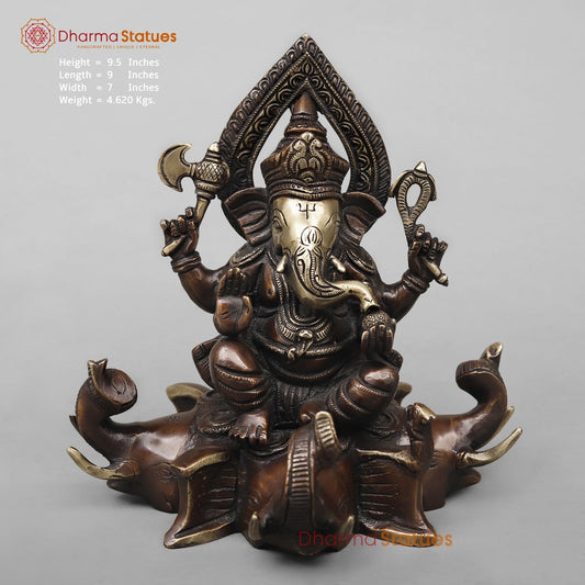 Brass Ganesh Seated on Elephants Fine, Antique Finish 9.5”
