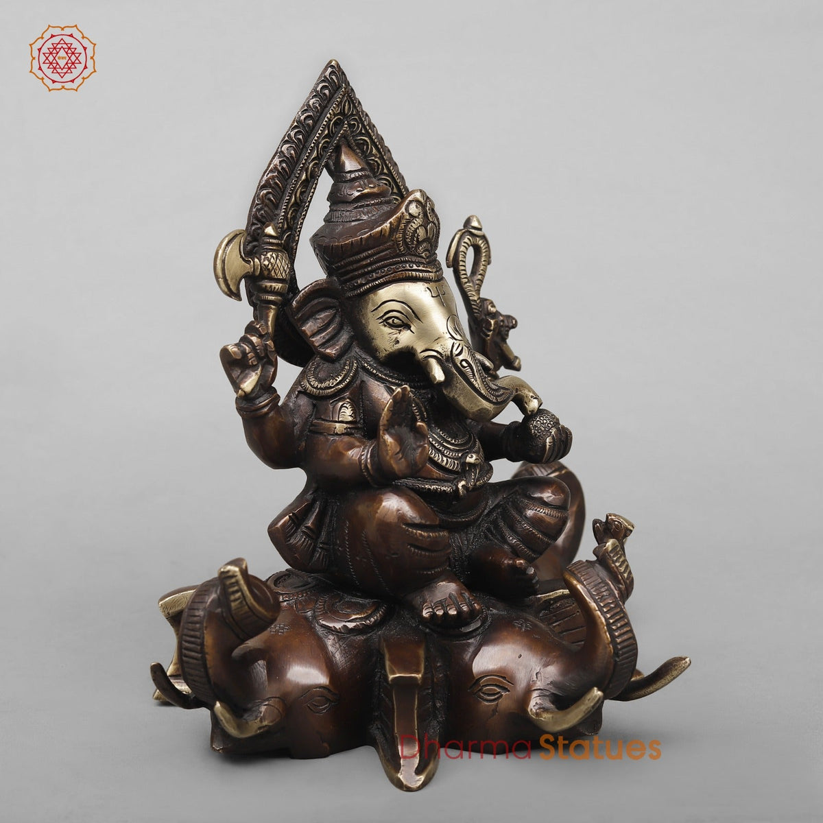Brass Ganesh Seated on Elephants Fine, Antique Finish 9.5”